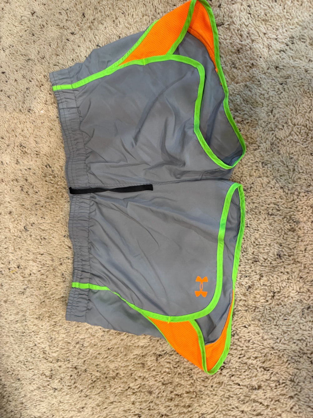Women’s Gray Athletic Shorts with Neon Green Trim and Orange Accents